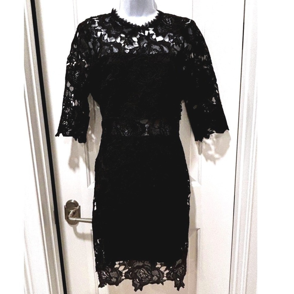 Lulu's Black Floral Guipure Lace Dress Sz M Illusion Neck Romantic Dark Feminine